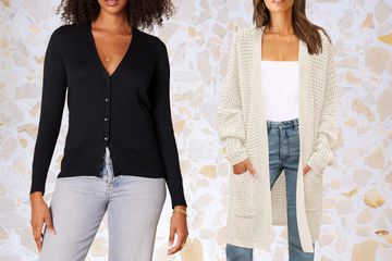 collage of two people wearing cardigans on a patterned background