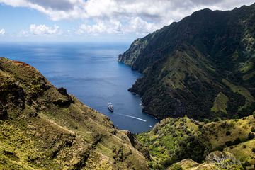 The Aranui 5 cruise ship in the Bay of Virgins off the island of Fatu Hiva