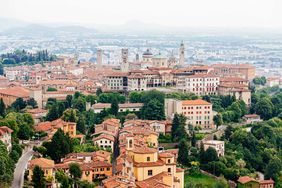 Aerial view of Bergamo old town cityscape, Lombardy, Italy