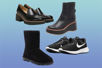 Collage of comfy travel shoes from Nordstrom Rack we recommend on a blue background