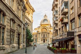Bucharest old town (Centrul Vechi) in Lipscani district with historical buildings, Romania