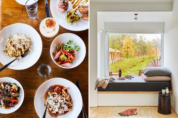 Scenes from the Berkshires: plates of food on the table at Cantina 229; view from a hotel room onto an autumn landscape