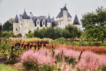 Pink and red plants in front of the Château du Rivau in France