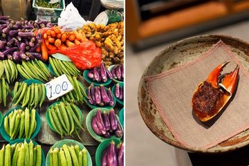 Photographs from a market in Malaysia, and a crab dish at a upscale restaurant in Kuala Lumpur