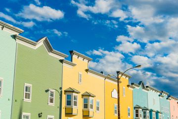 Row of colorful buildings in Dawson City, Yukon, Canada.