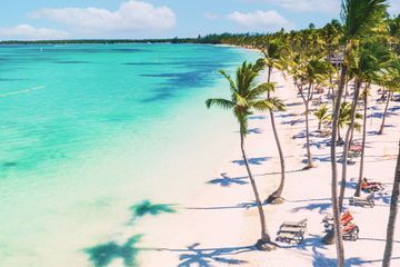Aerial view of a beautiful caribbean beach in Bavaro, Punta Cana, Dominican Republic
