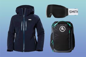 Jacket, ski goggles and backpack on a blue gradient background
