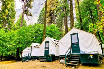 Canvas tent cabins at Half Dome Village in Yosemite National Park in autumn