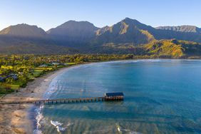 Aerial drone shot of Hanalei bay and beach on the north shore of Kauai in Hawaii