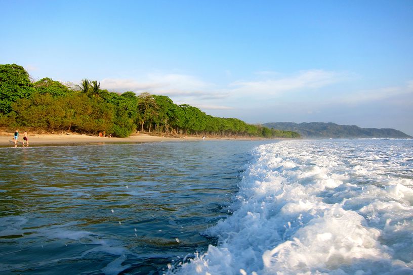 A view of a crashing wave from in the water, standing in the wave, facing the shoreline of a tropical beach.