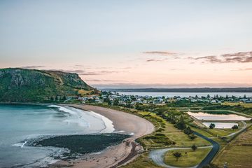 View at the landscape and beaches of Stanley, Tasmania, Australia. In the back the famous landmark is showing, the mountain, The Nut.