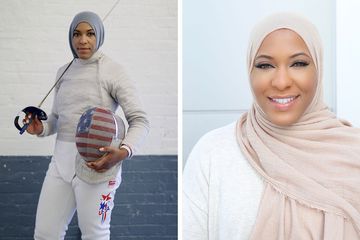 Ibtihaj Muhammad in fencing clothes and hijab