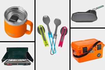 Collage of camping gear for cooking we recommend on a white background