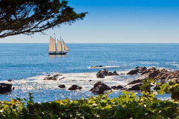 Sailboat sailing in Atlantic Ocean near Kennebunkport, Maine.