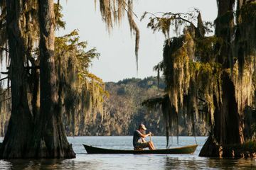 A man kayaking on Lake Martin in Louisiana, with Spanish moss hanging down from the trees