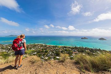 Hiker on the Lanikai Pillbox Trail, Kaiwa RidgeTrail