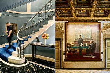 Two photos from Boston hotels, including a staircase, and a painting of Abraham Lincoln