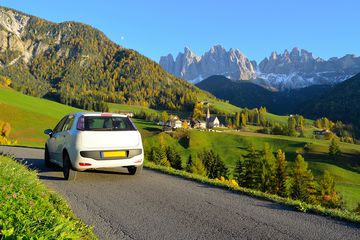 Rental Car in Funes valley in Dolomites area in South Tyrol, Italy