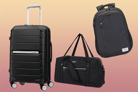 A black suitcase, duffle bag, and backpack on a red to yellow gradient background.