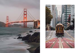 Right photo of Golden Gate Bridge at night and left photo of a cable car going through SF Street