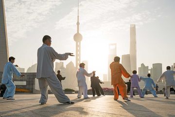 People practice tai chi in the Bund area, Shanghai