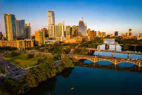 Golden hour sunset on Austin, Texas's skyline with the river