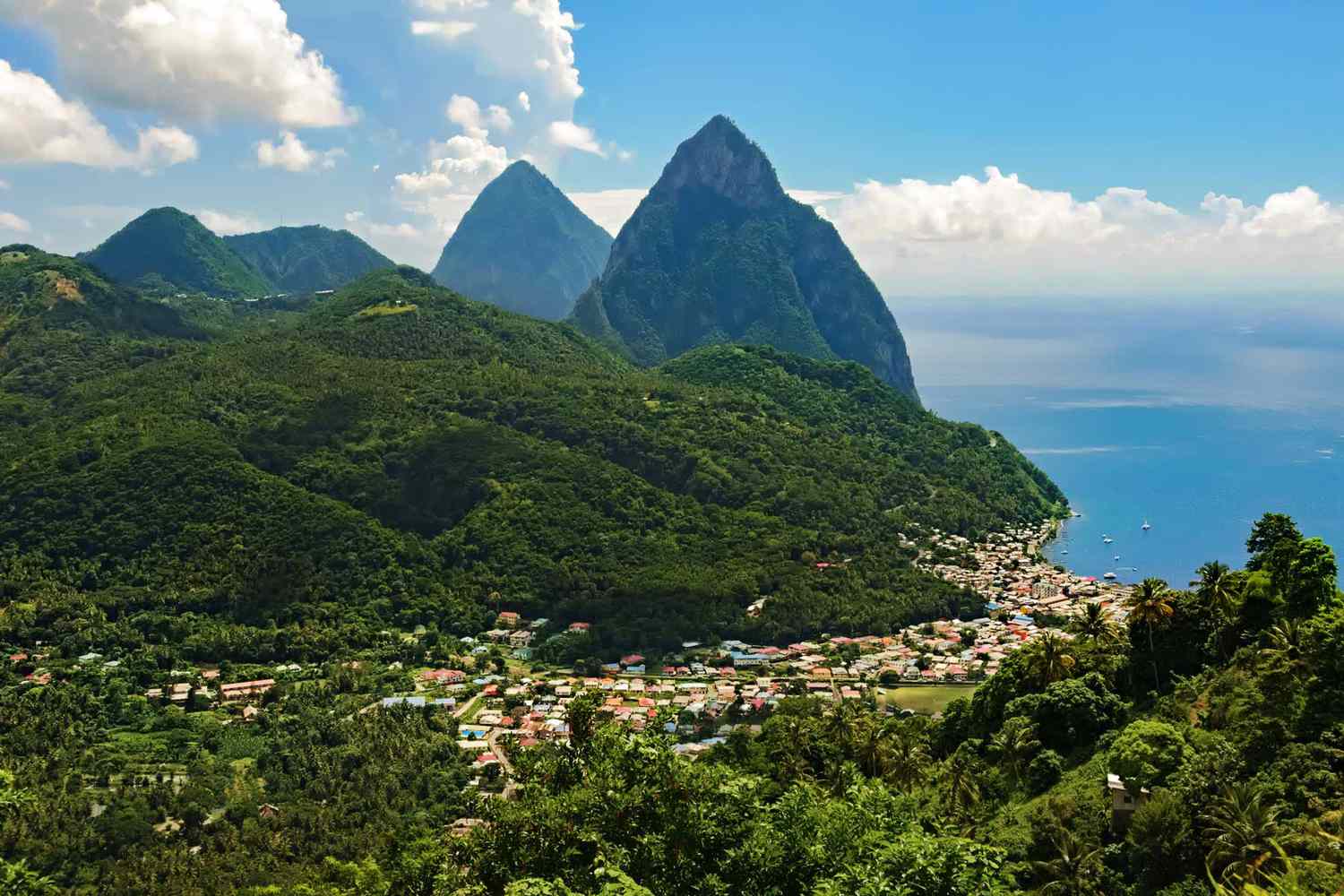 Beautiful above view of tropical beach, sea and mountain landscape, Santa Lucia island, Caribbean