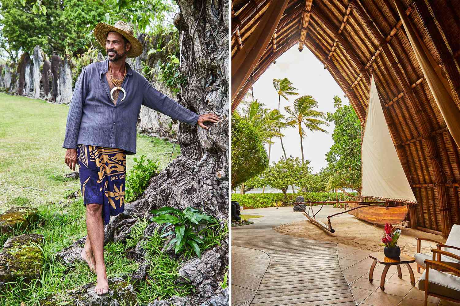 Pair of photos from French Polynesia, showing local Tahiarii Yoram Pariente, and the lobby at the Le Taha'a resort