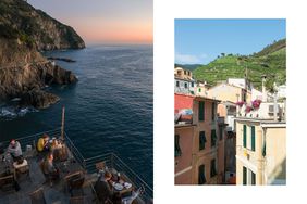 Pair of photos from Cinque Terre, Italy, one showing a bar terrace at sunset and one showing the view of vineyards from a town