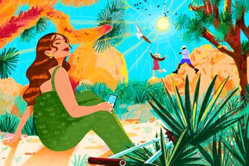 Illustration of woman sunbathing in nature with mobility crutches