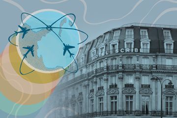 A photo collage illustration of a hotel exterior from Accor Hotels and illustrated globe with planes