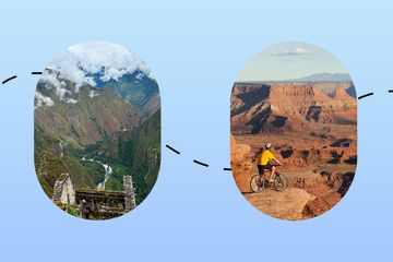 Four ovals with photos of an ice climb, Machu Picchu, Grand Canyon biking and Cabo San Lucas arch