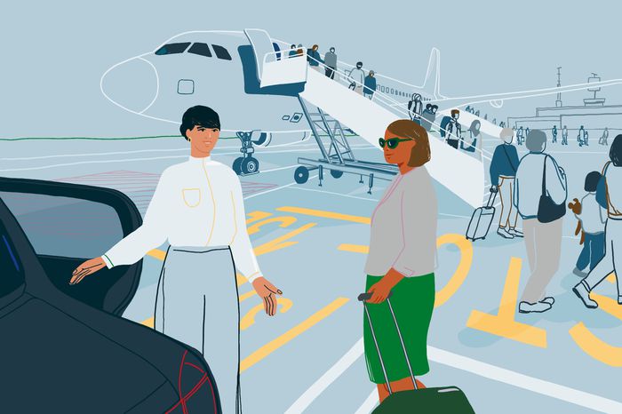 An illustration of people unboarding from an airplane on the tarmac