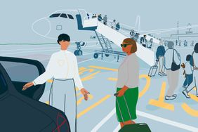 An illustration of people unboarding from an airplane on the tarmac