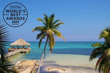 Palm trees and dock at a resort in Ambergris Caye, Belize