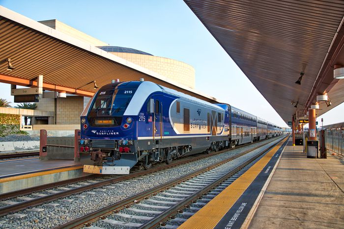 Amtrak Coast Pacific Surfliner Train under the sunset,