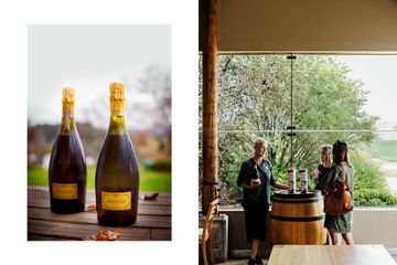 Two photos from the Tasmania wine scene, including a close up of sparkling wine bottles, and three women at a tasting