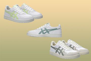 Collage of asics sneakers in multiple color options on a colorful background