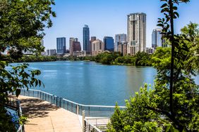 A View of Austin, Texas from The Boardwalk Trail over Lady Bird Lake.