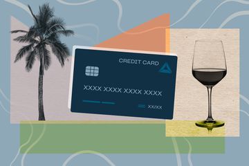 A photo illustration showing a palm tree and wine glass with a credit card 
