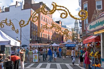 People attending Italian festival in the North End, Boston, MA