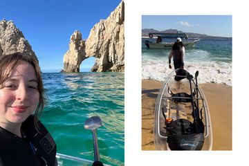 Mariah, the author and the arch of Cabo San Lucas and the kayak guide with the clear bottom kayak leaving Lovers Beach