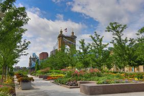 The John A. Roebling Bridge was built in 1866 to connect Covington Kentucky to Cincinnati , Ohio. It spans the Ohio River.