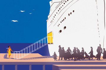 Illustration showing a woman of color in a yellow dress boarding a cruise ship