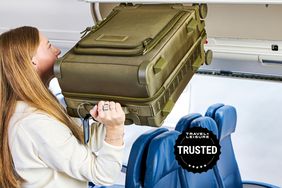 A person lifting the Dagne Doverr Seattle Carry On Rolling Luggage 20.5" into an overhead bin