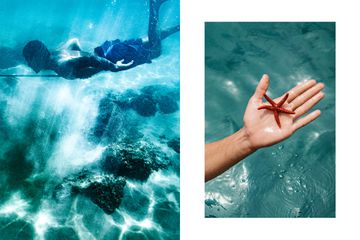 Pair of photos in Buzios, Brazil, one showing a man with a diver, and one showing a hand holding a starfish