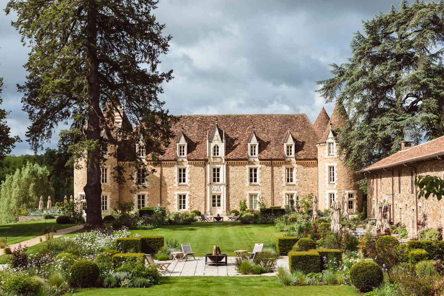 The chateau style exterior of the Domaine des Etangs resort