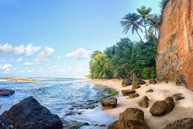 A beautiful secluded white sand beach on Atlantic side of Dominica, Eastern Caribbean.