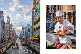 Pair of photos from Osaka, one showing a view of the Dotonbori district, and one showing a chef preparing nigiri