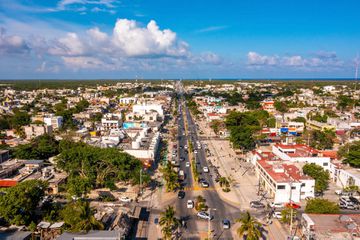 Aerial view of the Tulum town from above. Small Mexican village near Cancun.